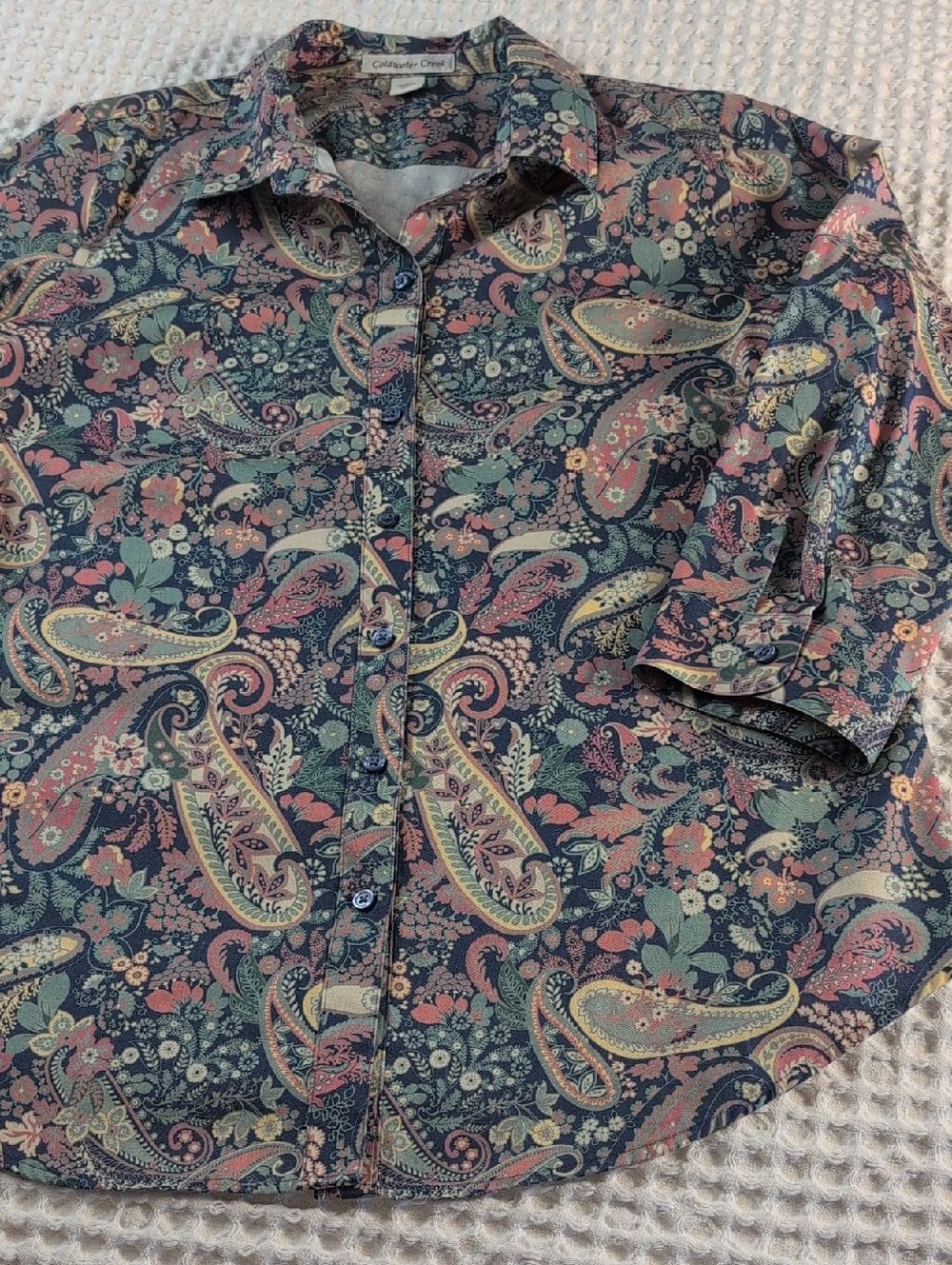 Coldwater Creek 100% Cotton Paisley Button-Down Shirt in Navy, Pink, Mint